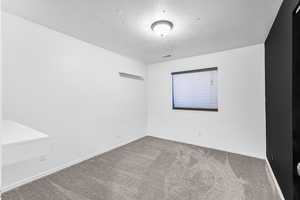 Empty room with carpet flooring and a textured ceiling