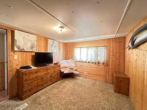 Carpeted bedroom featuring wood walls, log walls, and a textured ceiling