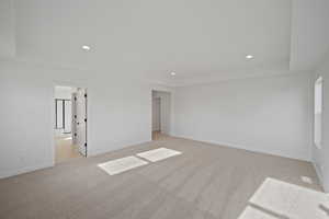 Carpeted spare room featuring a tray ceiling