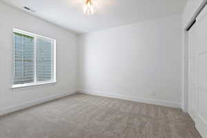 Unfurnished bedroom featuring a closet, light colored carpet, and multiple windows