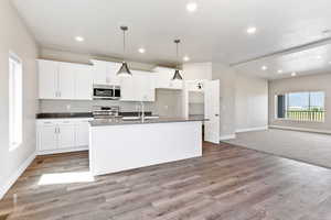 Kitchen with white cabinets, light hardwood / wood-style floors, an island with sink, and appliances with stainless steel finishes