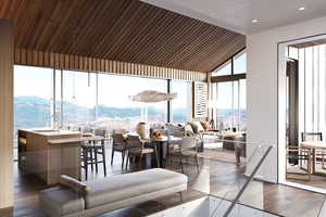 Interior space featuring a mountain view and sink