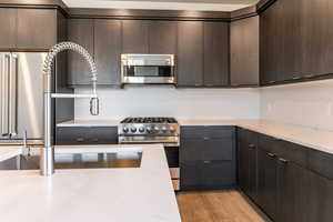 Kitchen with stainless steel gas stove, dark brown cabinets, and light hardwood / wood-style flooring