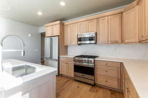 Kitchen with light brown cabinets, high end appliances, and sink