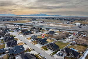 Aerial view at dusk with a mountain view