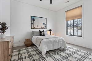 Carpeted bedroom featuring ceiling fan