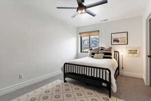 Carpeted bedroom with ceiling fan