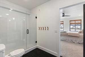 Basement apartment Bathroom featuring ceiling fan, toilet, and walk in shower