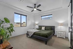 Carpeted bedroom with a raised ceiling and ceiling fan