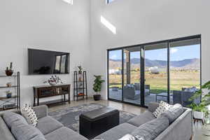 Living room featuring a skylight, a mountain view, and a high ceiling