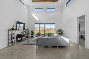 Living room with a healthy amount of sunlight, concrete floors, and a high ceiling