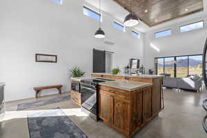 Kitchen with a barn door, wooden ceiling, a mountain view, stainless steel electric range oven, and hanging light fixtures