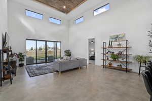 Living room with a high ceiling, concrete floors, and plenty of natural light