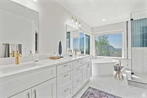 Bathroom featuring vanity and separate shower and tub