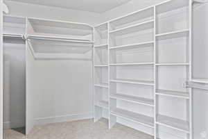 Walk in closet with light colored carpet