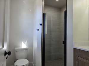 Bathroom featuring vanity, toilet, and walk in shower