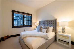 Carpeted bedroom featuring vaulted ceiling