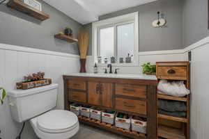 Bathroom featuring toilet, vanity, and hardwood / wood-style flooring