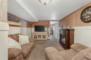 Carpeted living room with wooden walls