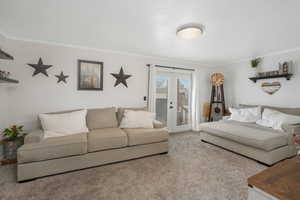 Carpeted living room featuring crown molding and french doors