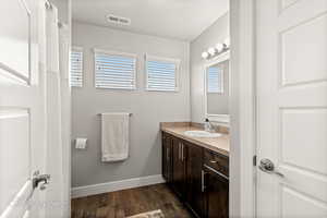 Bathroom featuring vanity and wood-type flooring