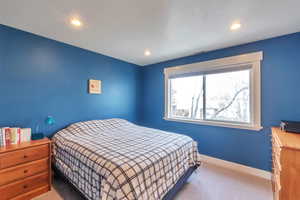 Bedroom featuring light carpet