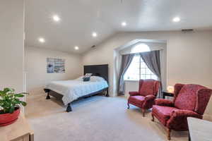 Carpeted bedroom featuring vaulted ceiling