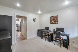 Office space with light carpet and ornamental molding