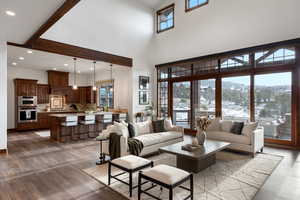 Living room with a mountain view, a towering ceiling, light hardwood / wood-style floors, and sink