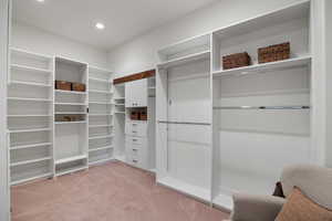 Spacious closet with light carpet