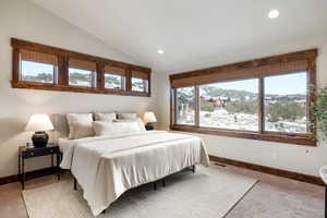 Bedroom featuring a mountain view, light colored carpet, and vaulted ceiling