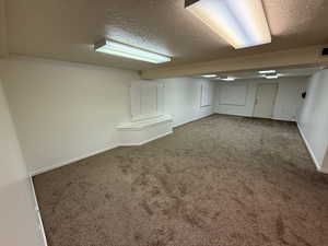 Basement featuring carpet flooring and a textured ceiling