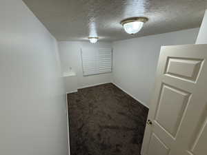 Carpeted empty room featuring a textured ceiling