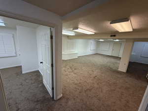 Basement with dark carpet and a textured ceiling