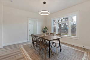 Dining room with wood-type flooring and plenty of natural light