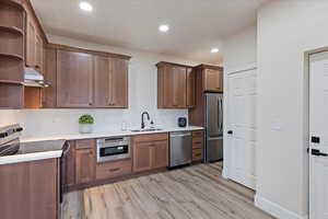 Kitchen featuring tasteful backsplash, sink, stainless steel appliances, and light wood-type flooring