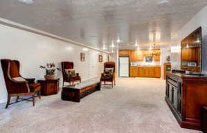 Carpeted living room featuring a textured ceiling and an inviting chandelier