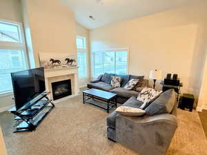 Living room with high vaulted ceiling