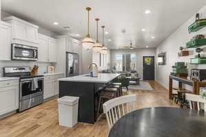 Kitchen with white cabinets, decorative light fixtures, a kitchen island with sink, and appliances with stainless steel finishes