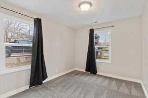 Carpeted empty room with a textured ceiling and a wealth of natural light