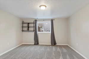 Empty room featuring carpet and a textured ceiling