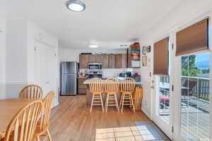 Kitchen featuring stainless steel appliances, tasteful backsplash, kitchen peninsula, light hardwood / wood-style floors, and a breakfast bar area