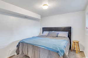 Carpeted bedroom featuring a textured ceiling