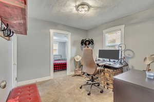 Carpeted home office with a textured ceiling