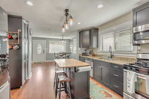 Kitchen featuring sink, light wood-type flooring, appliances with stainless steel finishes, decorative light fixtures, and a kitchen island