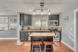 Kitchen with pendant lighting, a center island, a kitchen breakfast bar, sink, and appliances with stainless steel finishes