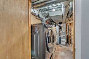 Laundry room featuring heating unit and washer / dryer