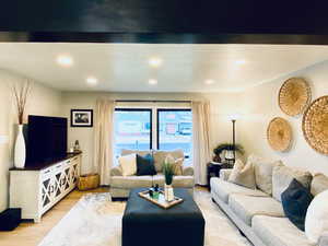 Living room with light hardwood / wood-style floors