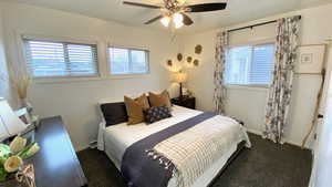 Carpeted bedroom featuring multiple windows and ceiling fan