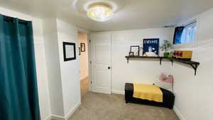 Hallway featuring light colored carpet